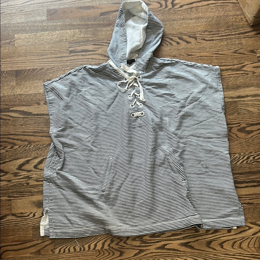 J Crew Terry Striped Hooded Lace-Up Poncho cover up White & Navy M/L
